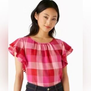 Kate Spade Red and Pink Plaid Ruffle Blouse XL